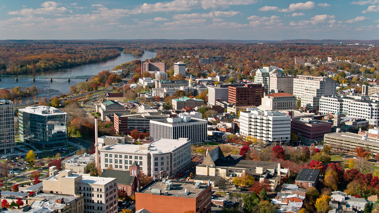 Aerial view of Trenton, New Jersey, on a sunny afternoon in fall