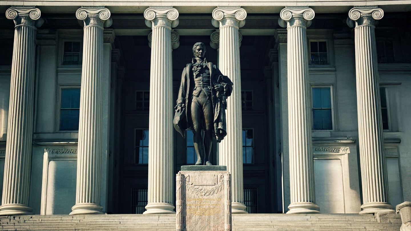 "Statue of Alexander Hamilton, one of the Founding Fathers of the USA and the first Secretary of the Treasury; in Washington DC"