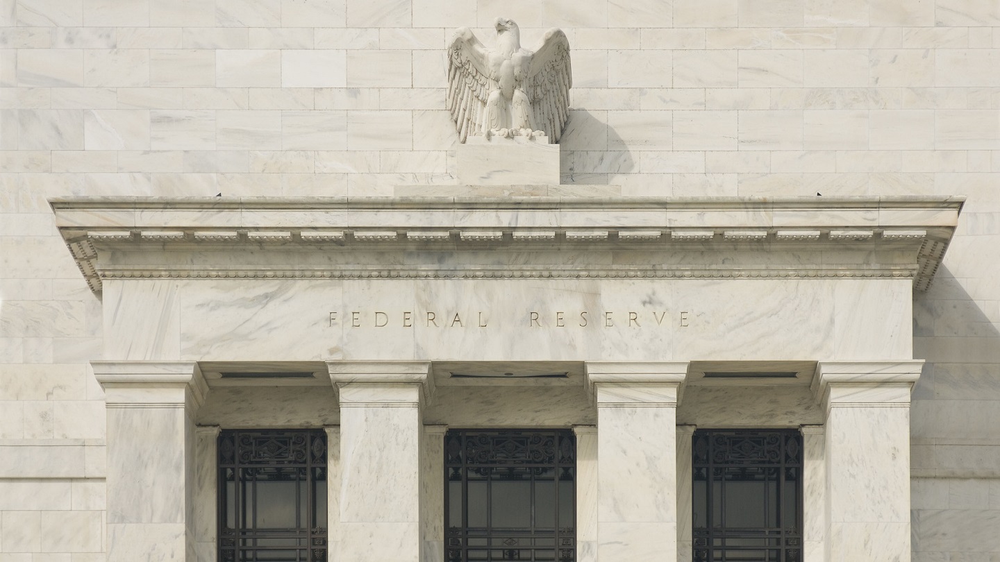 Marble facade of the Federal Reserve Building, Washington DC..