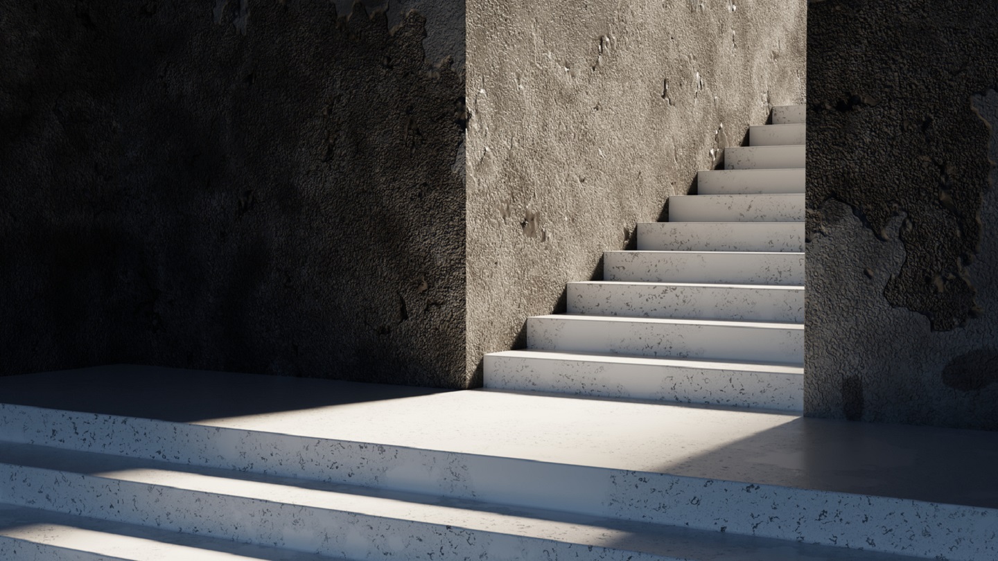 Sleek concrete staircase ascends against a textured, dark wall, illuminated by natural light streaming through an opening above. 3d render