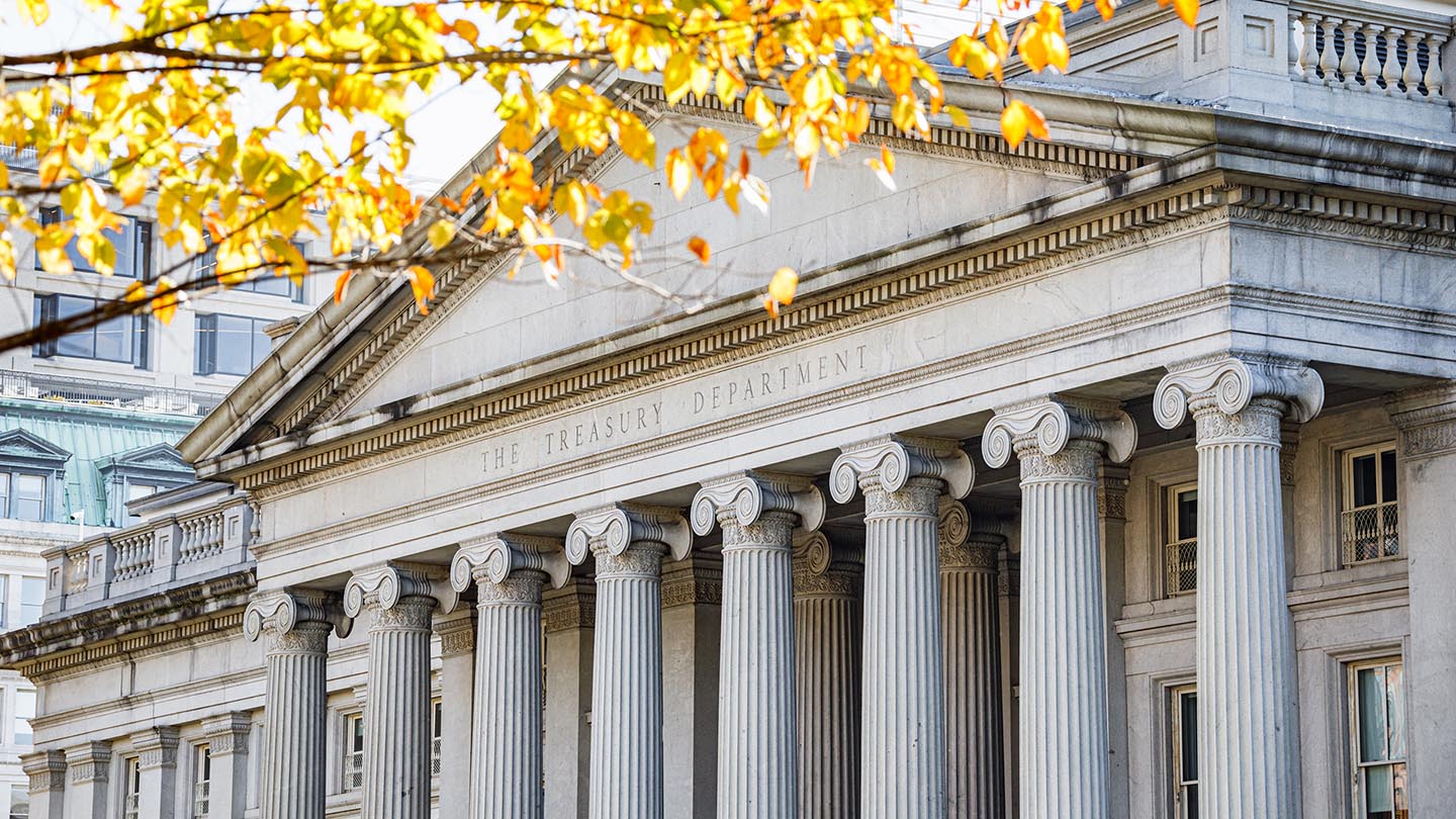 Exterior of the United States Department of Treasury building in downtown Washington, DC