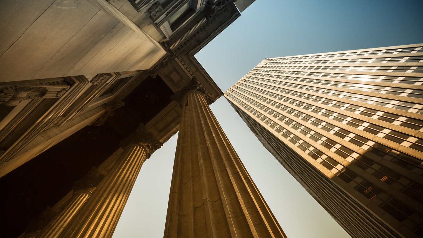 Business and financial district in a city with pillars