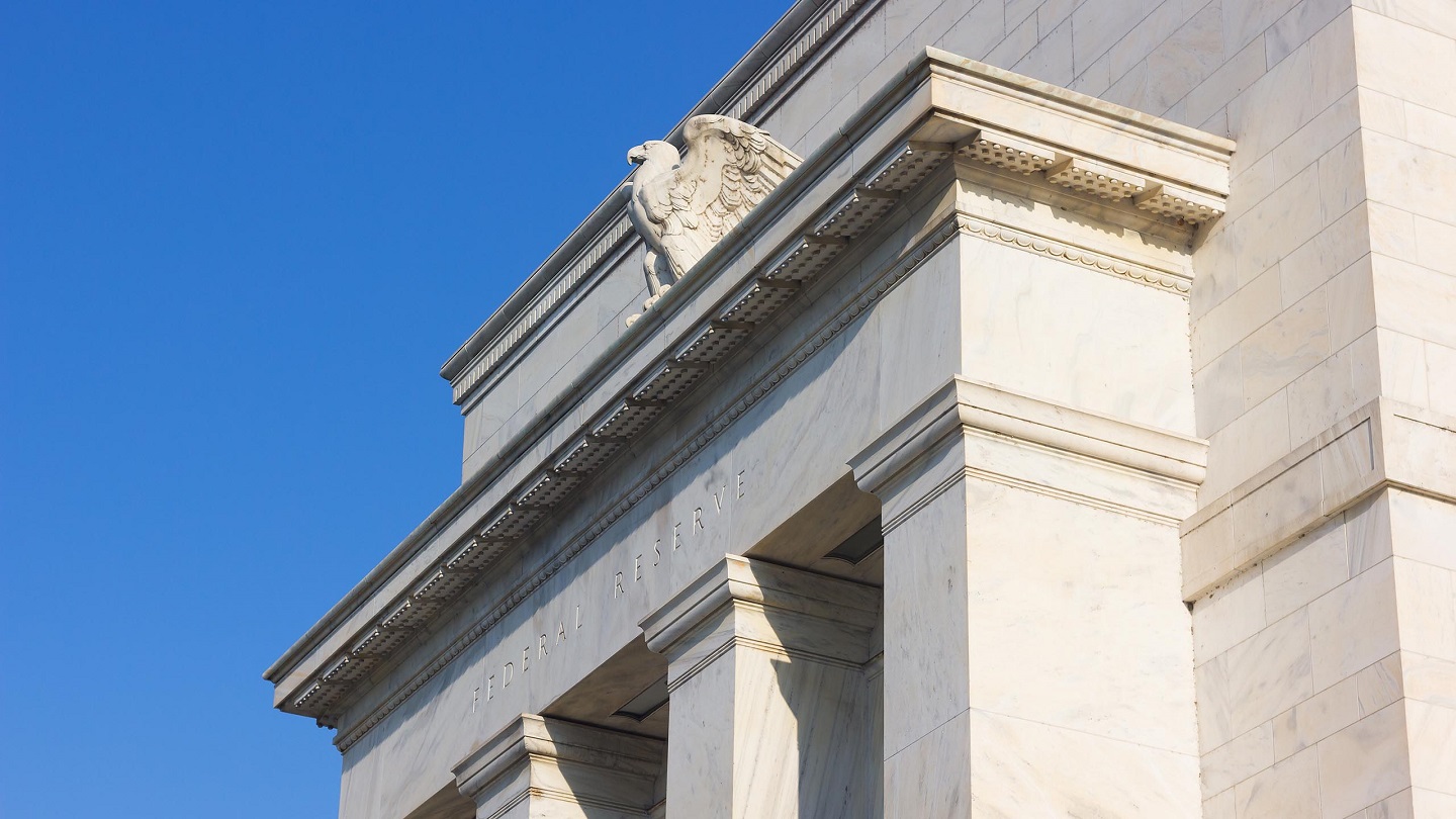 The eagle on the front facade of the Eccles Building in the morning.