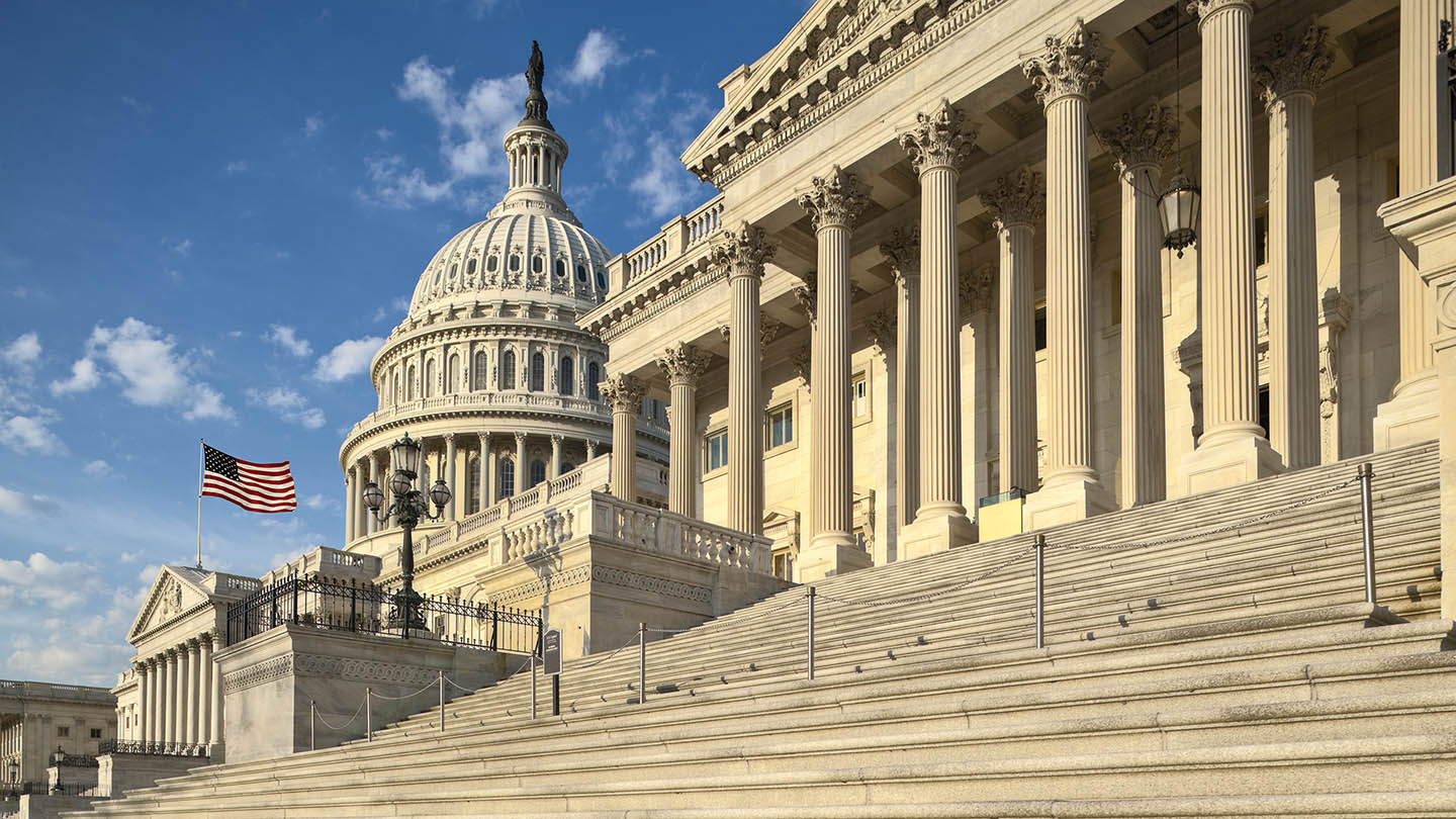 Detail view of the US Capitol east facade in the early morning sun.