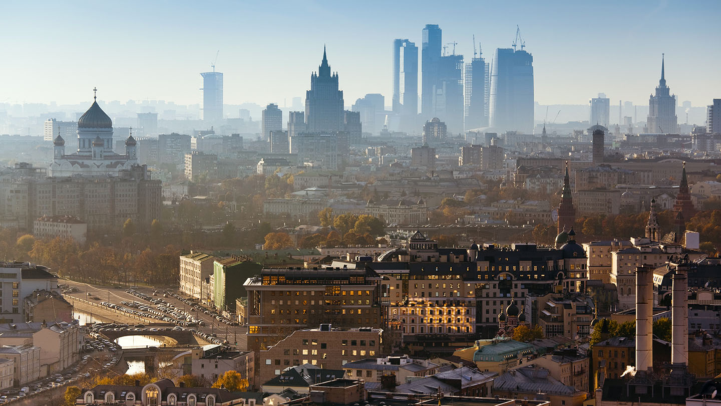 Moscow Cityscape with  Kremlin Towers, Moscow river, Russian Ministry of Foreign Affairs building, Moscow International Business Center, Cathedral of Christ the Saviour and many others famous buildings and places.