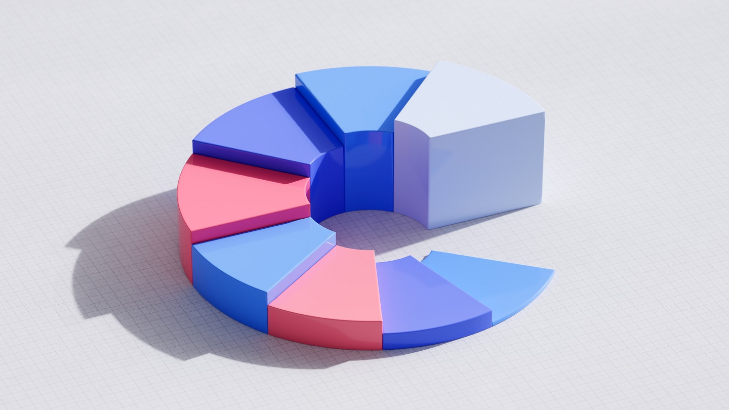 Digital generated image of abstract multicoloured pie chart on paper background. Concept of fintech technology, new banking and investment.